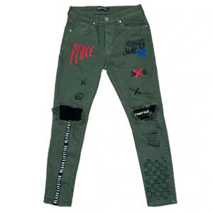 Rare Mariano Denim Street Wear Women's Slim Fit Graphic Jeans Army Green 30x29”